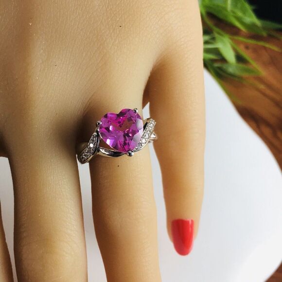 HN Heng Ngai Ring Breast Cancer Ribbon Pink Heart CZ Silver Vintage NICE 4410 - Picture 2 of 6
